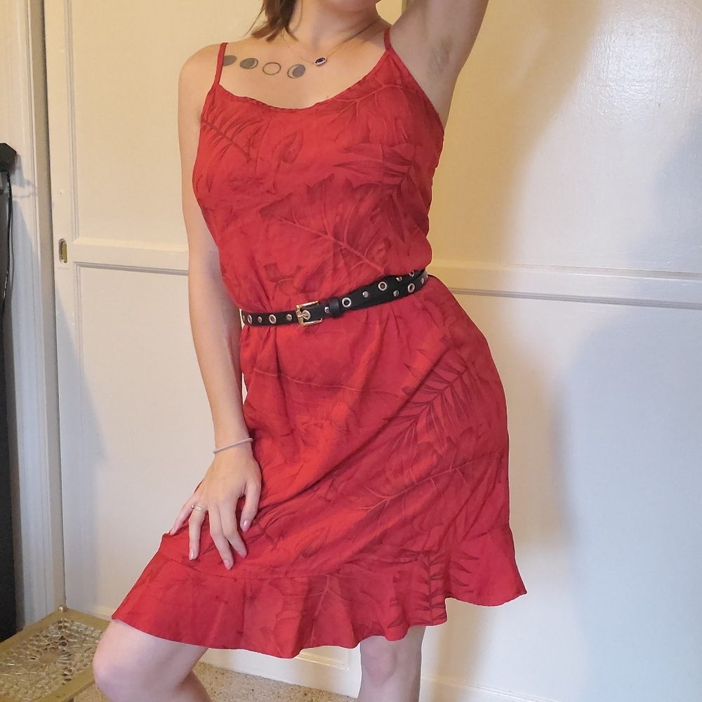 Red palm frond and monstera leaf midi dress!